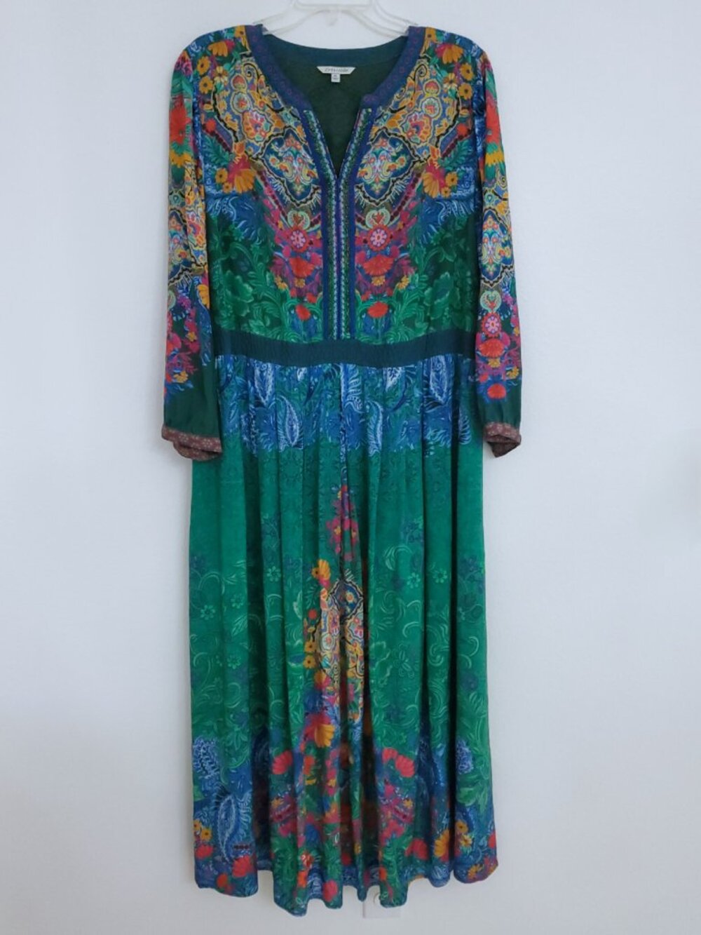 John Mark Floral Bohemian Beaded Y-Neck 3/4 Sleeve A Line Midi Dress Size XL